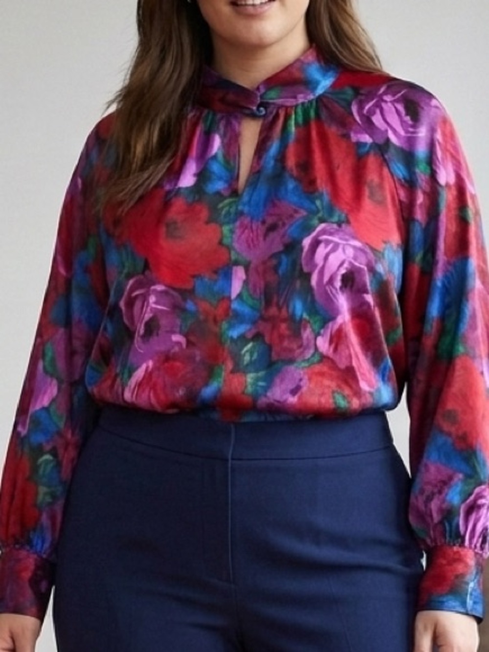 Talbots Watercolor Floral Keyhole Blouse in Red and Purple
